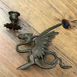 Vintage Chinoiserie Brass Phoenix Griffin Dragon Candlestick Candle Holder 9"